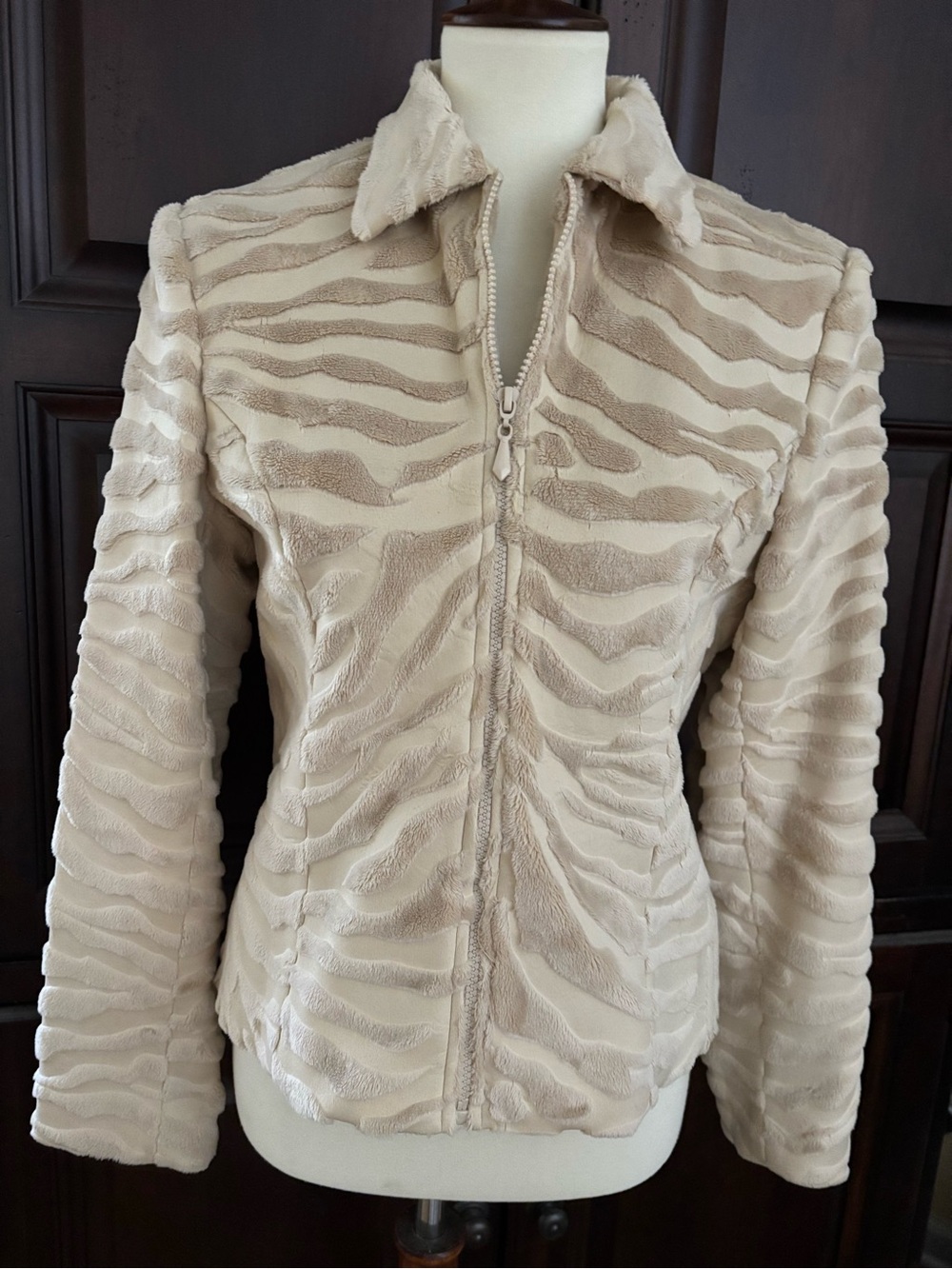 Vintage Tiger Zebra Animal Print Ivory Tan Jacket Size 8 Faux Fur Texture